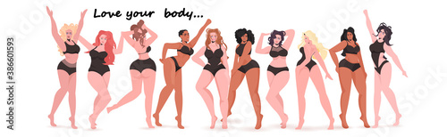 mix race women of different height figure type and size standing together love your body concept girls in swimsuits full length horizontal vector illustration