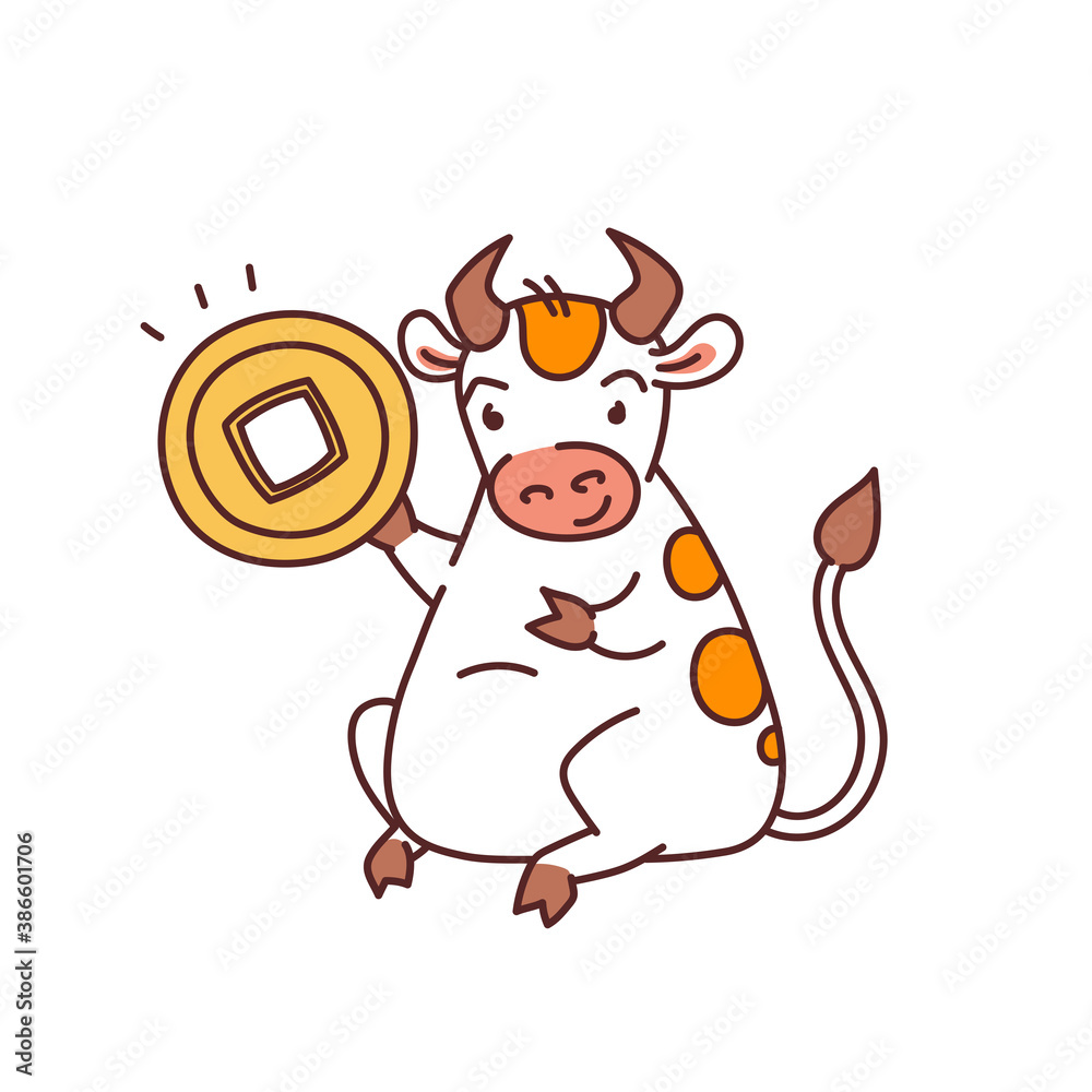 White metal bull with lucky coin - chinese new year symbol or logo for kids stickers White metal bull with lucky coin - chinese new year symbol or logo for kids stickers