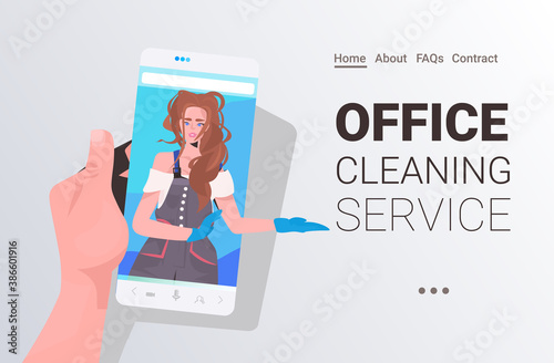 female janitor woman cleaner on smartphone screen self isolation office cleaning service concept horizontal copy space portrait vector illustration