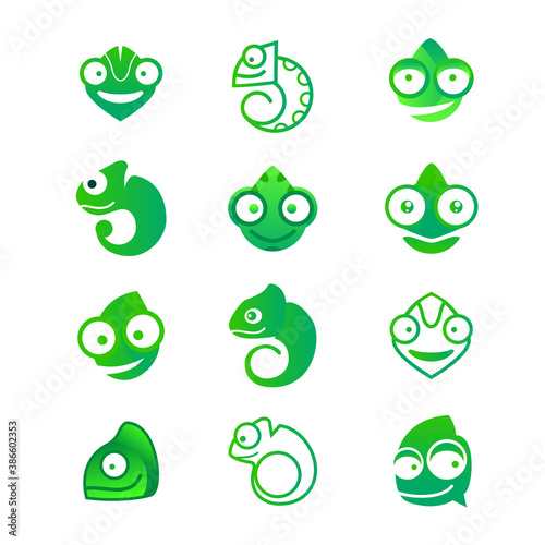 A collection of logos with chameleon. Cute character for a business emblem. Set of vector lizard mascot.