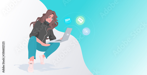 businesswoman using laptop business woman office worker full length isolated horizontal vector illustration