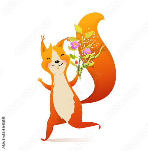 Congratulating with bunch of Flowers Squirrel running cartoon. Vector watercolor style cartoon.