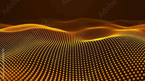 Smooth abstract gradient dynamic wave of many glowing particles. Network of neon dots. Big data. Digital background. 3d rendering