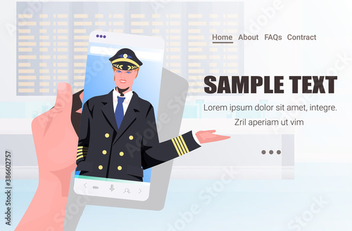 male pilot in uniform on smartphone screen self isolation aviation concept horizontal copy space portrait vector illustration