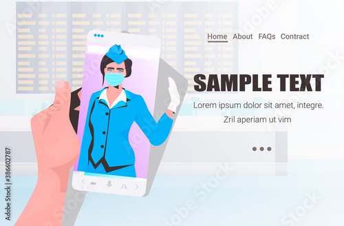 stewardess in uniform on smartphone screen self isolation aviation concept horizontal copy space portrait vector illustration
