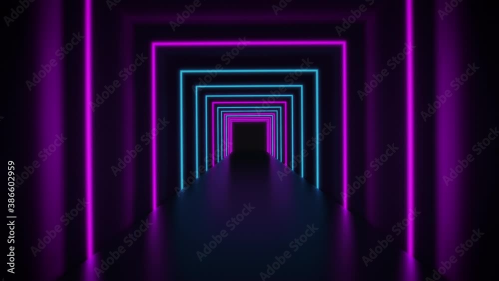 abstract neon background, flight forward through corridor, appearing glowing pink blue lines, ultraviolet spectrum