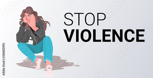 scared or terrified woman sitting on floor stop violence and aggression concept horizontal full length vector illustration