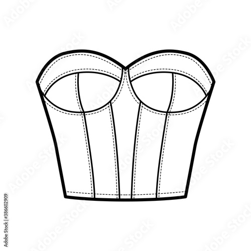 Bustier Corsetry lingerie technical fashion illustration with molded cup, bones, hook-and-eye closure, slim fit. Flat brassiere template front, white color style. Women men unisex underwear CAD mockup
