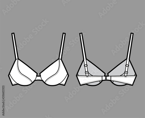 Push-up padded bra lingerie technical fashion illustration with full adjustable straps, molded cups, hook-and-eye closure. Flat template front, back white color style. Women men underwear CAD mockup