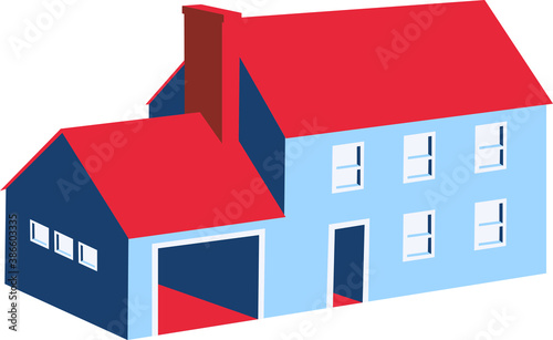 Vector white isolated isometric building with garage and chimney illustration in red and blue colors. Real estate on sale design in volumetric style. Perfect for stay home announcements