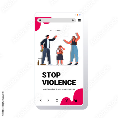 little crying girl listening parents shouting and quarrelling violence in family concept smartphone screen full length copy space vector illustration