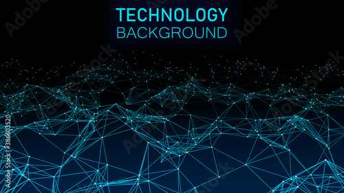 Technology background. Abstract gradient dynamic wave of lines and particles. Network of bright points and lines. Big data. Digital background. Vector