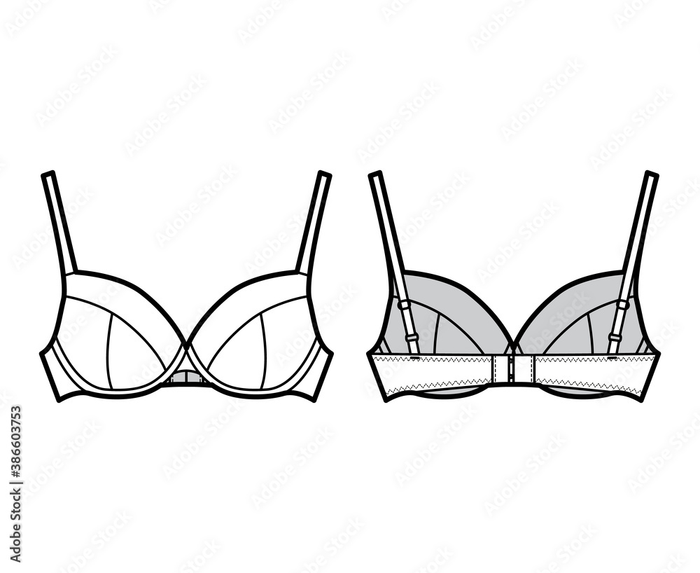 Bra full cup lingerie technical fashion illustration with adjustable shoulder straps, hook-and-eye closure. Flat brassiere template front, back white color style. Women men unisex underwear CAD mockup Bra full cup lingerie technical fashion illustration with adjustable shoulder straps, hook-and-eye closure. Flat brassiere template front, back white color style. Women men unisex underwear CAD mockup
