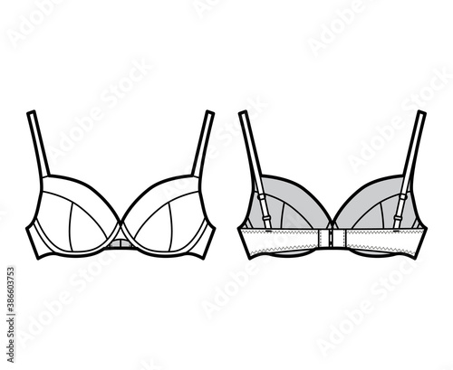 Bra full cup lingerie technical fashion illustration with adjustable shoulder straps, hook-and-eye closure. Flat brassiere template front, back white color style. Women men unisex underwear CAD mockup