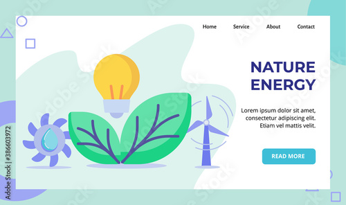 Nature energy light bulb lamp green leaf hydro power f propeller water campaign for web website home homepage landing page template banner with flat style