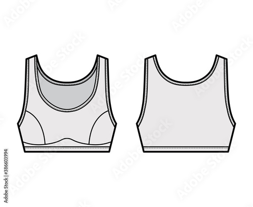 Sport Bra lingerie top technical fashion illustration with wide shoulder straps. Flat brassiere template front, back grey color style. Women men unisex athletic stretch underwear CAD mockup