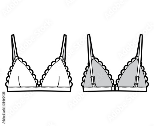 Triangle Bra lingerie technical fashion illustration with adjustable straps, hook-and-eye closure, scalloped cups. Flat brassiere template front, back white color style. Women men underwear CAD mockup