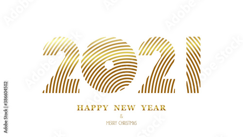 Congratulatory banner Happy New Year 2021. The golden numbers of the year consist of fragments of eccentric circles.