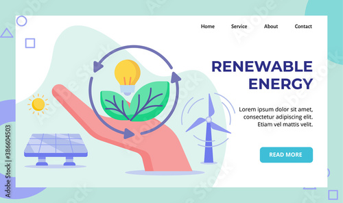 Renewable energy hand hold green leaf lamp bulb recycle wind solar energy campaign for web website home homepage landing page template banner with flat style