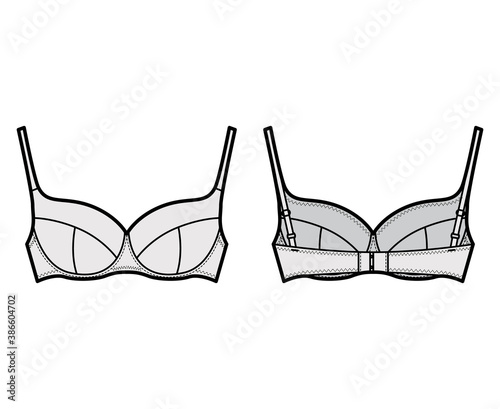 Bra lingerie technical fashion illustration with full adjustable shoulder straps, molded cups, hook-and-eye closure. Flat brassiere front, back grey color style. Women men unisex underwear CAD mockup