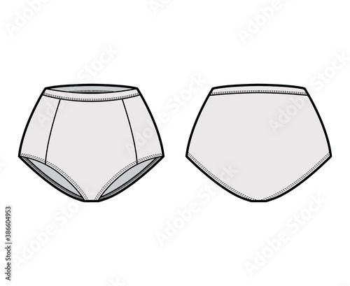 Control briefs panties underwear technical fashion illustration with mid waist rise, full hips coverage. Flat boxers lingerie template front, back, grey color style. Women men unisex CAD mockup
