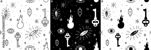 Mystical seamless patterns. The magical elements are fire, key, crystal, occult eye, signs of air and earth, stars. Vector illustration on white and black background