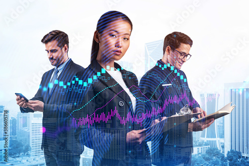 Group of business colleagues in suits as a part of multinational corporate team working on forecasting trading corporate strategy at fund. Forex chart. Kuala Lumpur on background. Double exposure photo