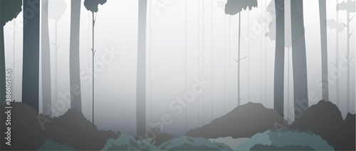 Vector background of dark forest at sunrise. Forest twilight vector illustration. Trees and branches horizontal seamless pattern. Foresty trunks image