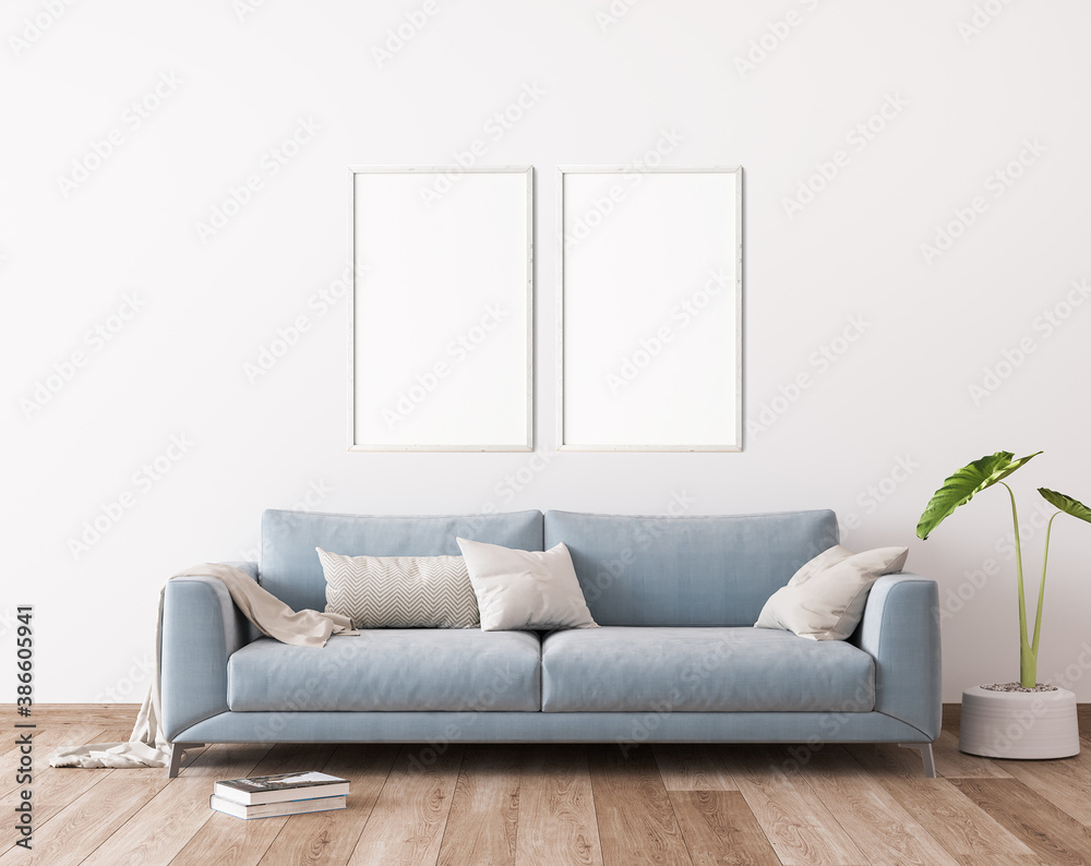 Blue sofa in modern living room design, frame mockup Blue sofa in modern living room design, frame mockup