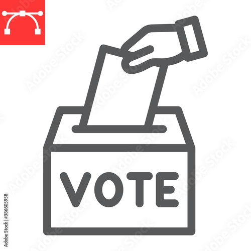 Hand voting ballot box line icon, election and vote, vote box sign vector graphics, editable stroke linear icon, eps 10.