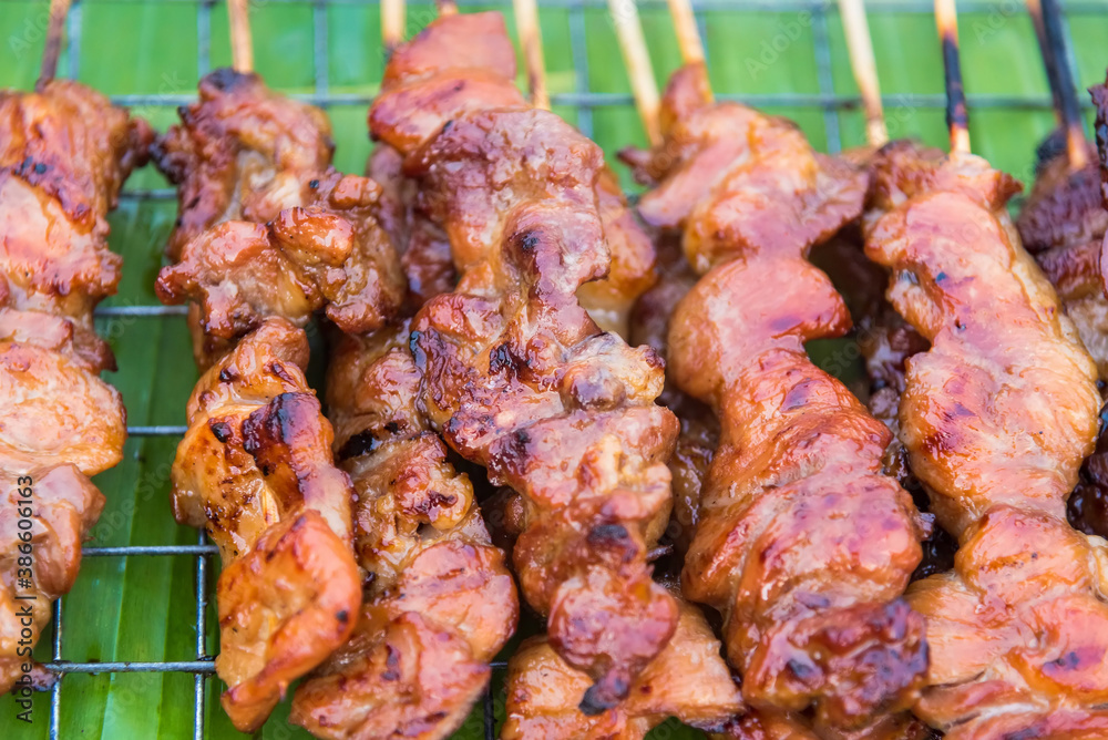 grilled pork with bamboo stick, Thailand market street food