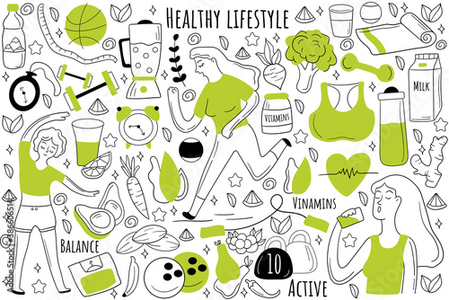 Healthy lifestyle doodle set. Collection of hand drawn sketches patterns templates of people jogging together eating food doing fitness and sport. Healthcare nutrition and meditation illustration