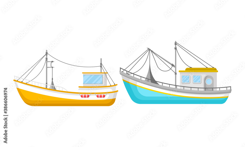 Regular Ship with Cabin and Mast as Water Transport Vector Set Regular Ship with Cabin and Mast as Water Transport Vector Set