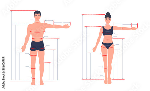 An adult human body size chart. Measurements for tailoring clothes. A measure of a man, a woman. People standing in a full length with one arm spread out. A vector cartoon illustration.