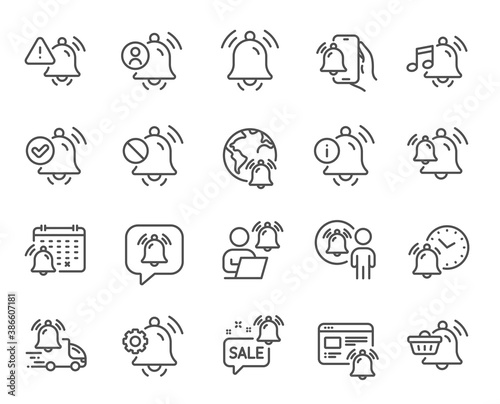 Notification line icons. Alarm Clock, Calendar Reminder, Notification Bell. User Message Alarm, Phone ring, Sale offer line icons. Time reminder, Delivery notification and calendar bell. Vector