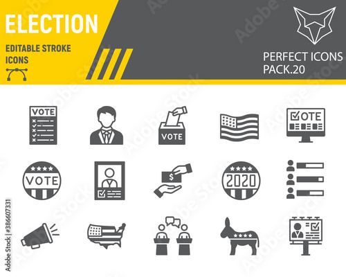 Voting and Election glyph icon set, vote collection, vector sketches, logo illustrations, Elections icons, Voting 2020 signs solid pictograms, editable stroke.