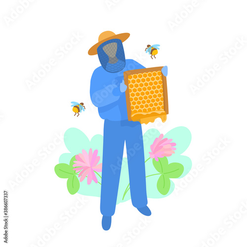 A beekeeper harvests honey, holds a honeycomb frame, stands near flying bees and clover flowers. Honey farm. A vector cartoon illustration.