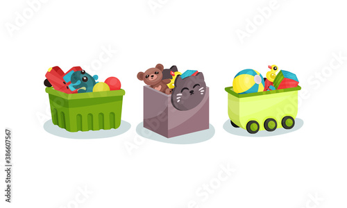 Boxes and Plastic Containers Full of Children Toys Vector Set