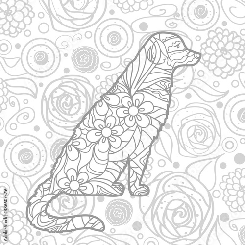 Square ornate pattern with patterned dog. Hand drawn mandala on isolated background. Black and white illustration