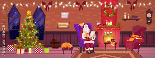 Christmas winter room interior with Santa Claus in armchair, decorated x-mas tree, fireplace. Holiday traditional indoor background with brick wall, windows, garland, chimney. Christmas room poster