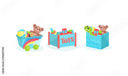 Boxes and Plastic Containers Full of Children Toys Vector Set