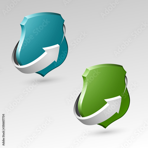 Protected ribbon shield concept with banner. Safety arrow badge icon. Privacy banner tape. Security band protected label. Defense tag. Presentation sticker shape. Defense arrow sign illustration