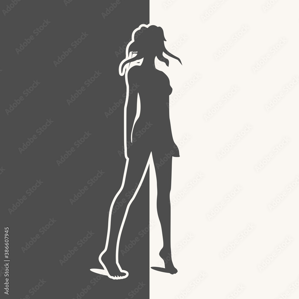 Sexy woman silhouette. Background divided into two halves. Day and night Sexy woman silhouette. Background divided into two halves. Day and night