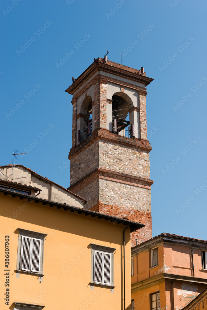 Bell tower of the medieval church of San Salvatore in Lucca downtown, Tuscany, Italy, Europe.