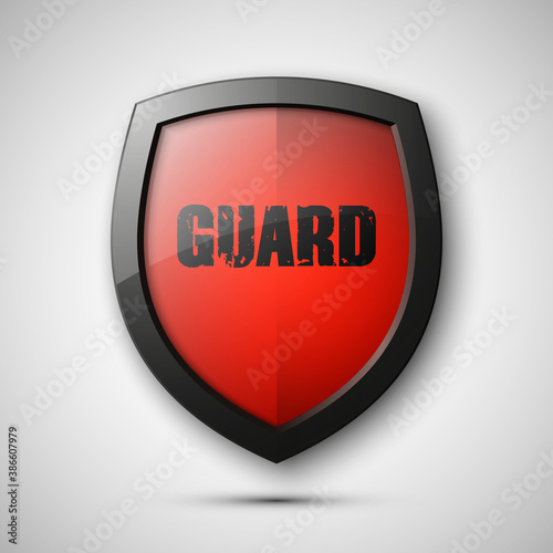 Protection guard shield concept. Safety badge icon. Privacy banner. Security label. Defense guard tag. Presentation guard sticker shape. Defense safeguard sign. illustration
