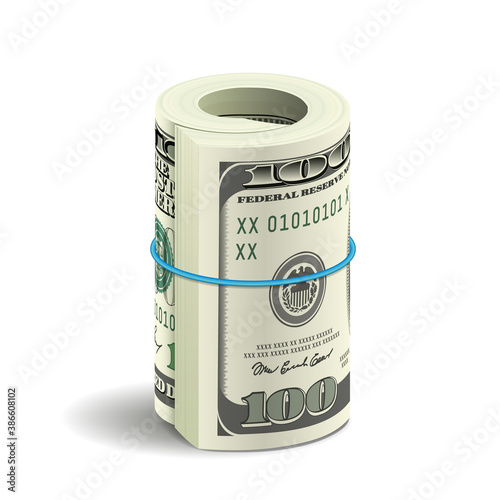 Realistic bundle of dollar bills isolated on white background. Roll of american money