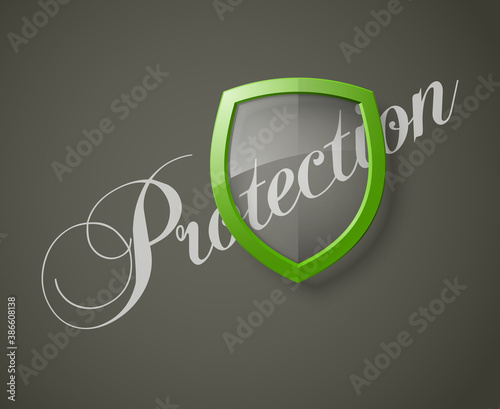 Protection font lettering & transparent shield concept. Safety badge icon. Privacy banner shield. Security label. Defense shield tag. Presentation sticker shape. illustration background