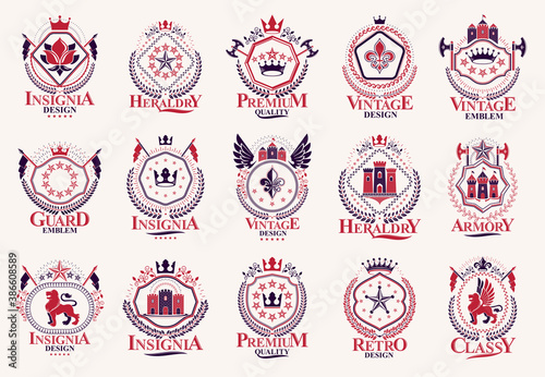 Classic style emblems big set, ancient heraldic symbols awards and labels collection, classical heraldry design elements, family or business emblems.