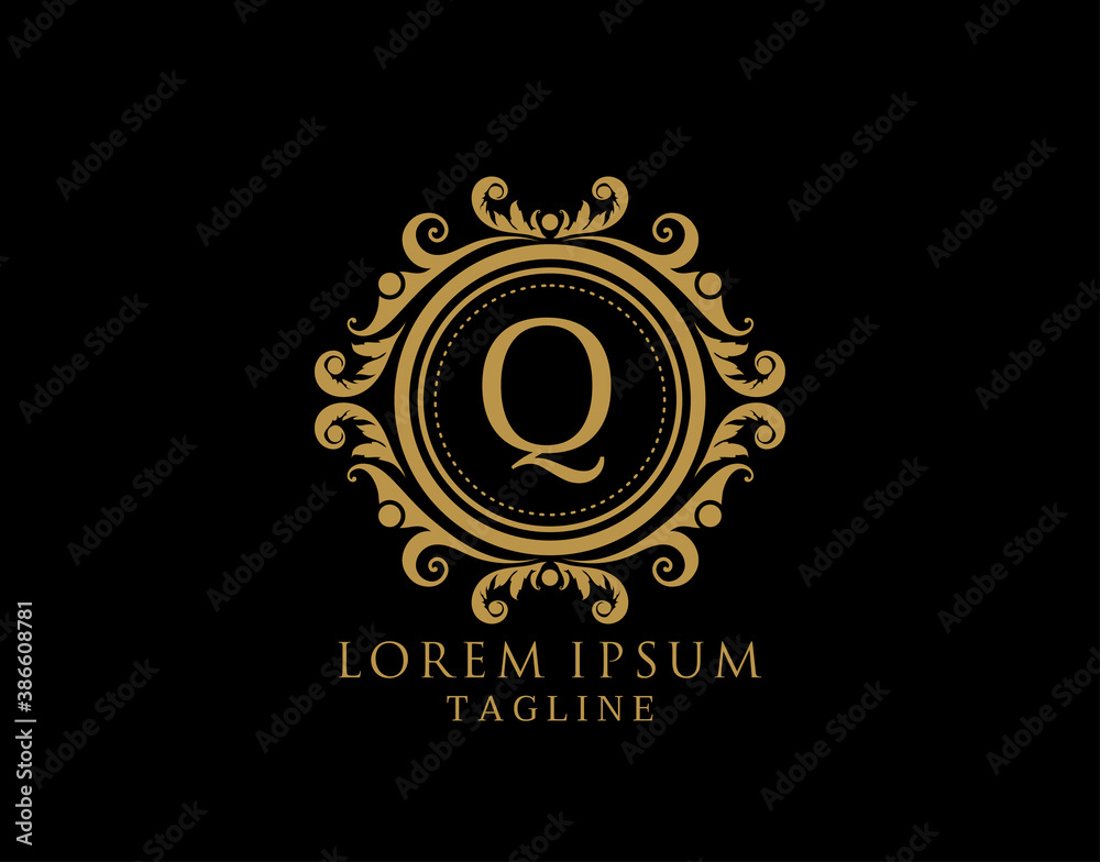 Royal Circle Q Letter Logo. Luxury Circle Badge design for Boutique, Royalty, Letter Stamp,  Hotel, Heraldic, Jewelry, Restaurant, Wedding.