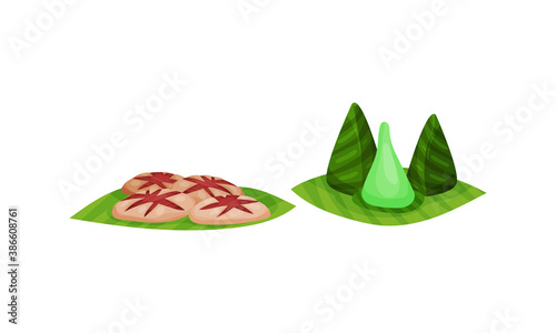Arabic Sweets Served on Green Leaf Vector Set